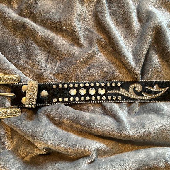 Black Leather Rhinestone Bling Belt Size L - Picture 5 of 13